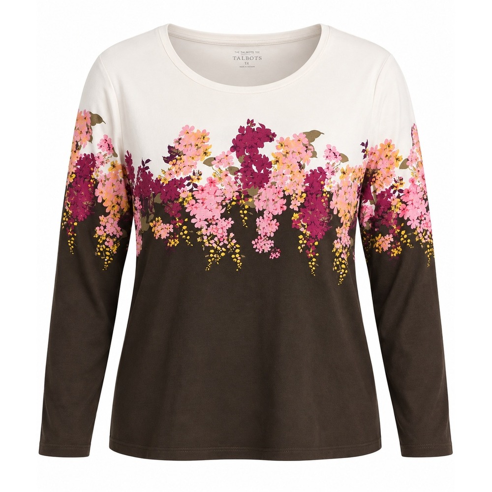 Talbots Plus 1X Long Sleeve Floral Border Print Tee Cotton Stretch Olive Cream
